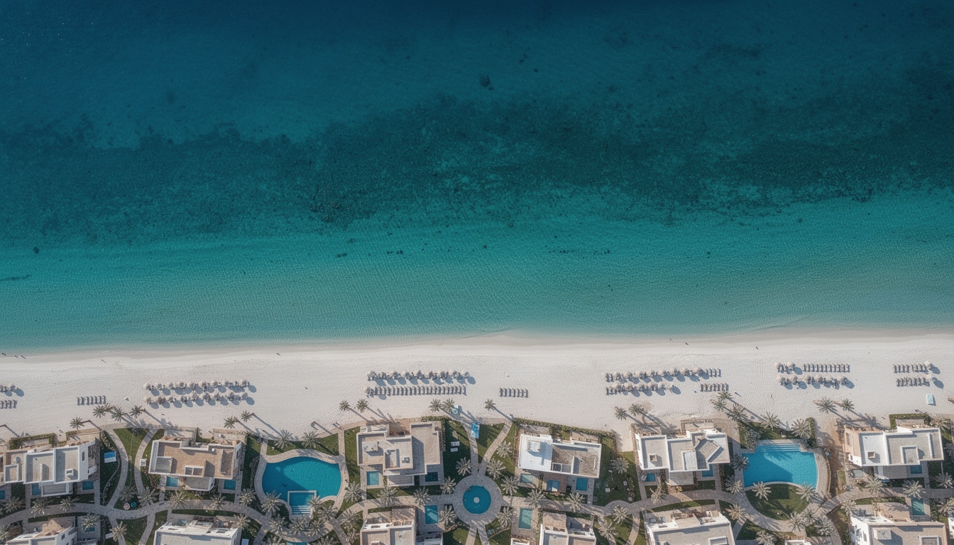 Aerial view of Ain Sokhna beachfront resort area with turquoise Red Sea water and resort buildings