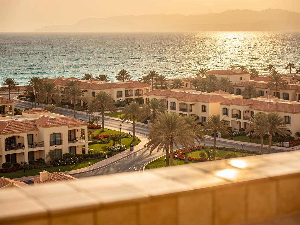 Scenic Ain Sokhna resort coastline view with Red Sea backdrop at golden hour