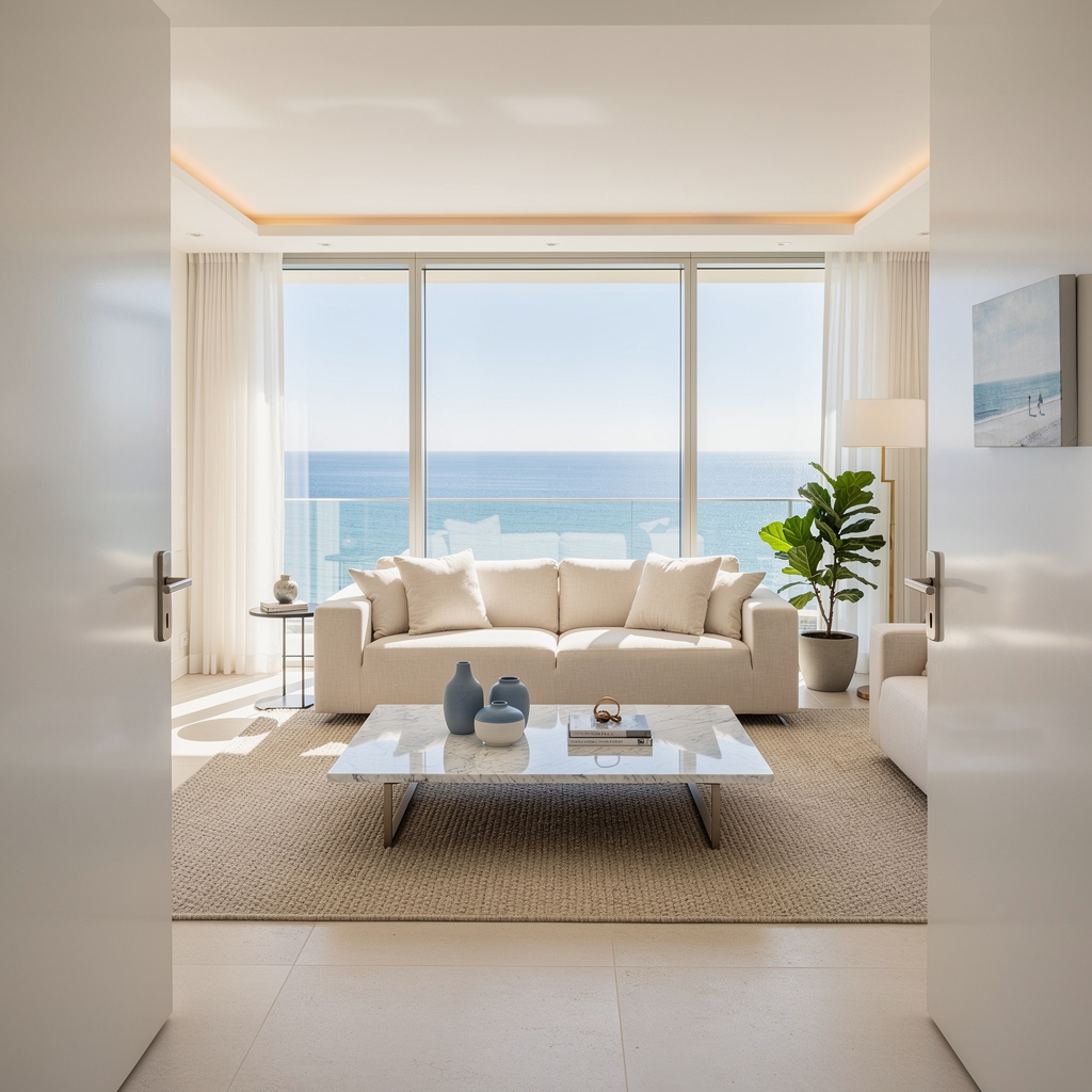 Elegantly furnished apartment living room with sea view windows and resort-quality decor