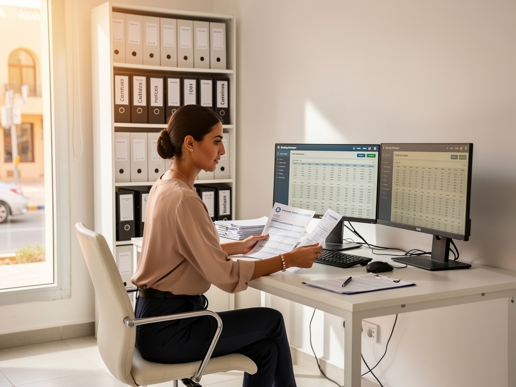 Modern professional office workspace in Hurghada with property management team at work, bright interior with organised desk setup