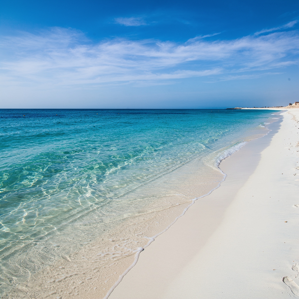 Mediterranean North Coast Egypt beach view with crystal blue water and white sandy shore