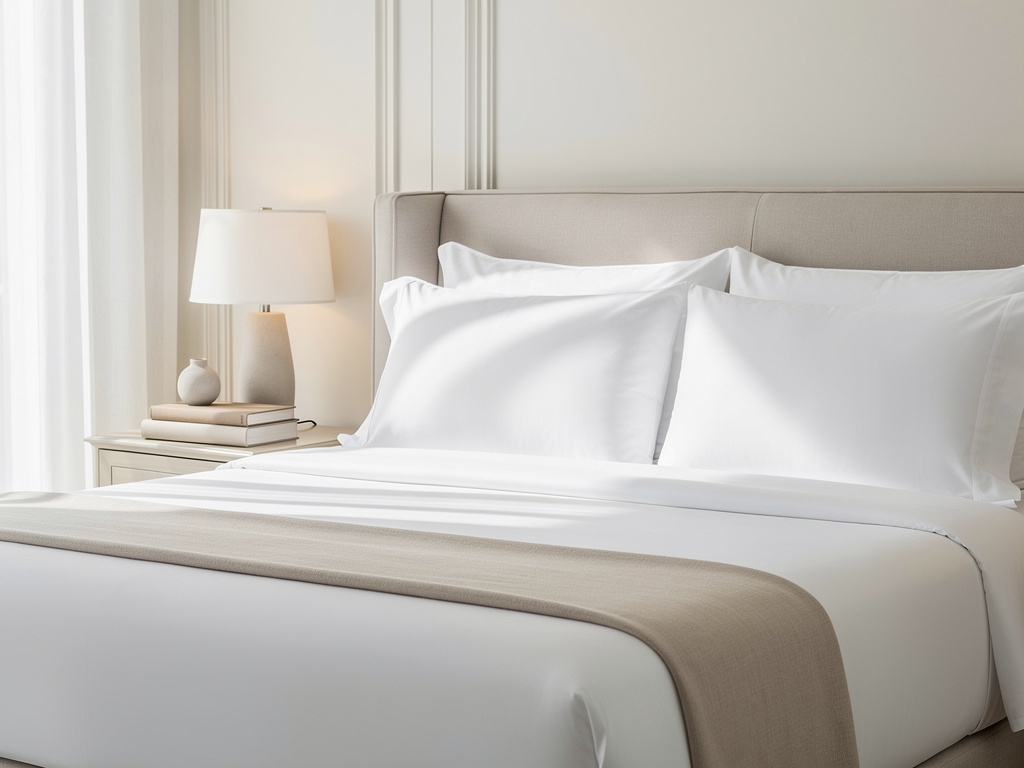 Luxury bedroom in managed vacation rental with white linens, ambient lighting and resort-style furnishings