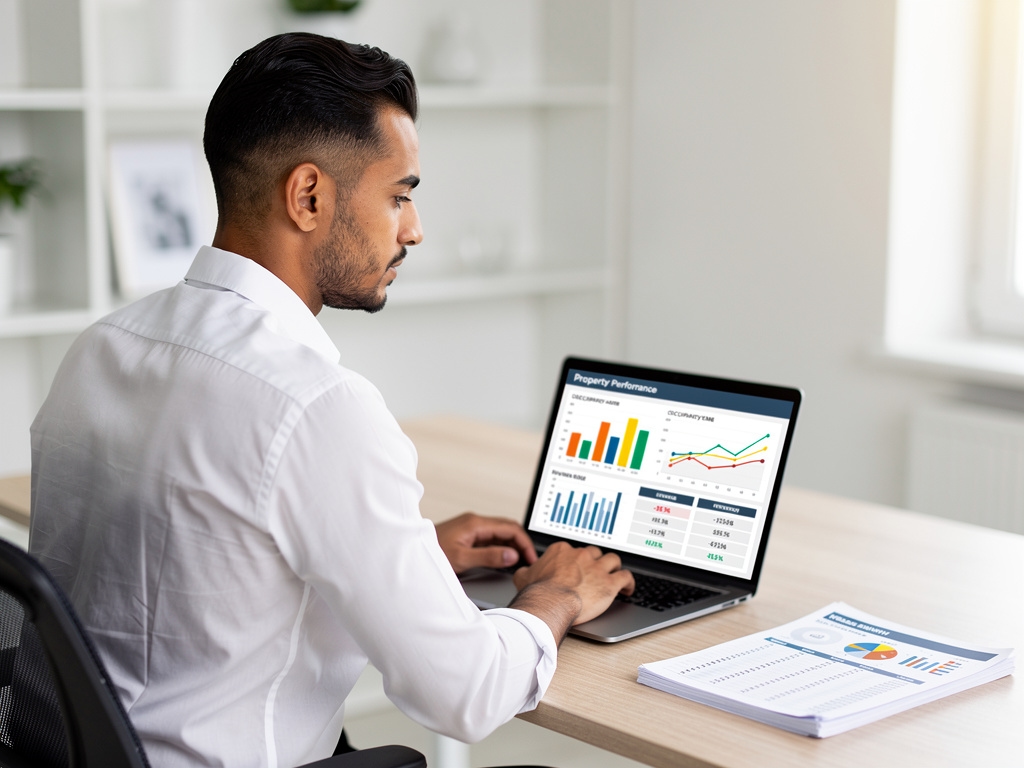 Property manager reviewing booking performance data on laptop in a bright professional workspace